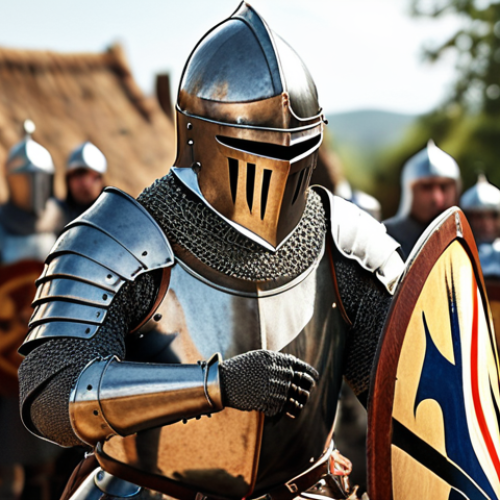 ** A Knight in shining armor, shield raised, defending against an enemy. Focus on strong defense.

**