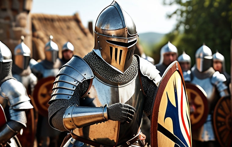 ** A Knight in shining armor, shield raised, defending against an enemy. Focus on strong defense.
**