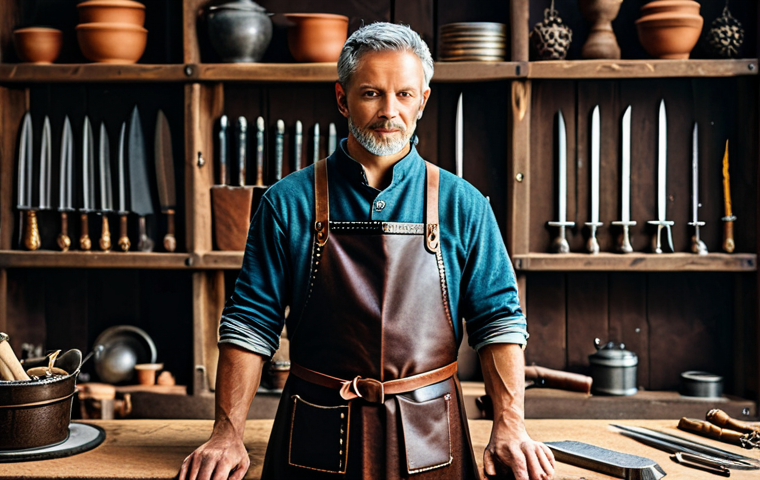 A professional fantasy artisan, holding a meticulously crafted, sparkling legendary sword with intricate details. The artisan is dressed in modest, functional, and appropriate professional artisan attire, including a leather apron over a tunic, fully clothed. They stand proudly in a clean, organized, well-lit medieval-fantasy workshop, with tools and rare materials neatly arranged on shelves in the background, subtly suggesting an epic fantasy setting. Professional photography, extremely detailed, epic quality, safe for work, appropriate content, fully clothed, professional dress, perfect anatomy, correct proportions, natural pose, well-formed hands, proper finger count, natural body proportions, family-friendly.